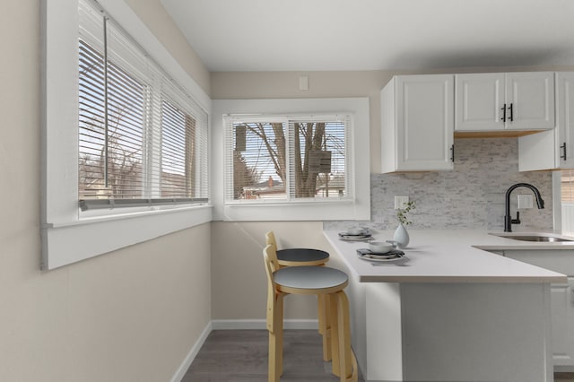 kitchen featuring light countertops, white cabinets, backsplash, and a sink