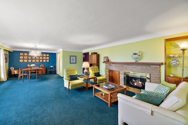 carpeted living area featuring a fireplace and an inviting chandelier