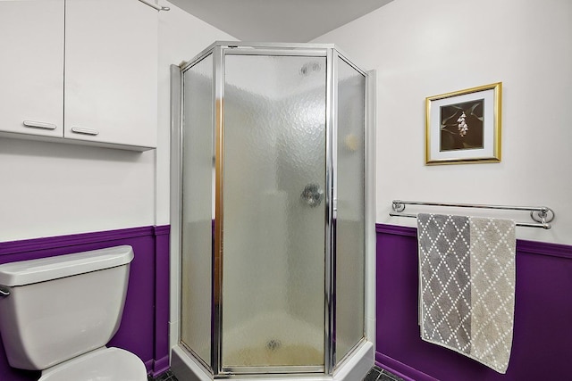 full bathroom featuring toilet and a shower stall