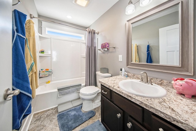 bathroom featuring shower / bath combination with curtain, toilet, and vanity