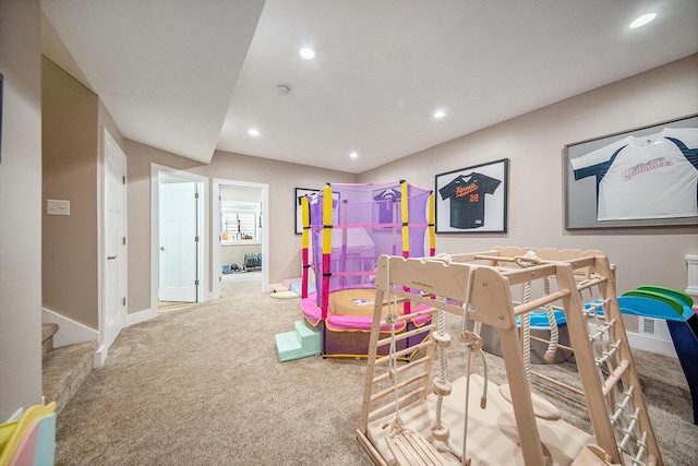 game room with carpet flooring, recessed lighting, and baseboards