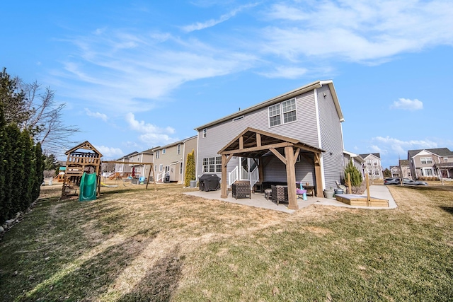 rear view of house with a playground, a residential view, a gazebo, a lawn, and a patio area