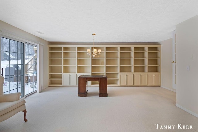 game room featuring visible vents, baseboards, an inviting chandelier, a textured ceiling, and light colored carpet