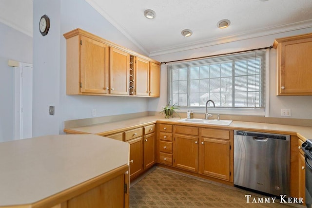 kitchen with a sink, stainless steel dishwasher, ornamental molding, and light countertops