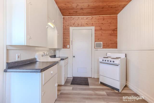 kitchen with white cabinetry, wooden ceiling, electric range, and light wood finished floors