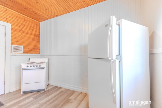 kitchen with light wood finished floors, visible vents, white appliances, and wooden ceiling