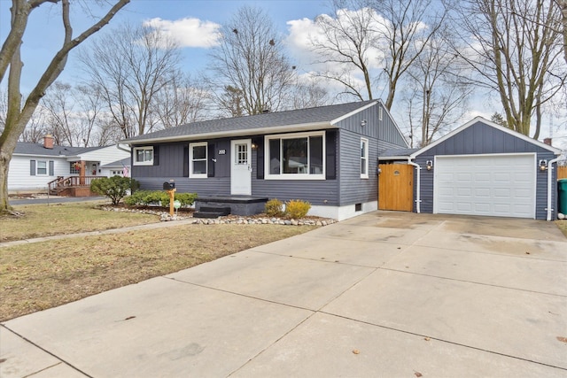 single story home with a garage, roof with shingles, board and batten siding, and concrete driveway