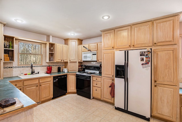 kitchen featuring white appliances, light brown cabinets, open shelves, a sink, and decorative backsplash