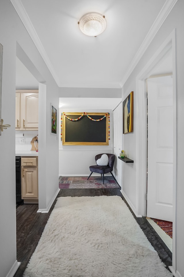 hall with baseboards, crown molding, and dark wood-type flooring