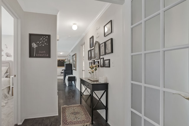 hall with crown molding and dark wood-style flooring