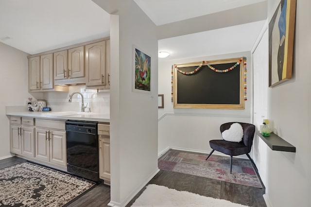 bar featuring a sink, dark wood finished floors, decorative backsplash, baseboards, and dishwasher