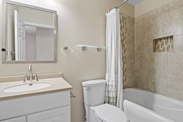 bathroom with shower / bath combination with curtain, toilet, and vanity