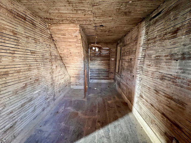 hallway featuring wood-type flooring and wood ceiling