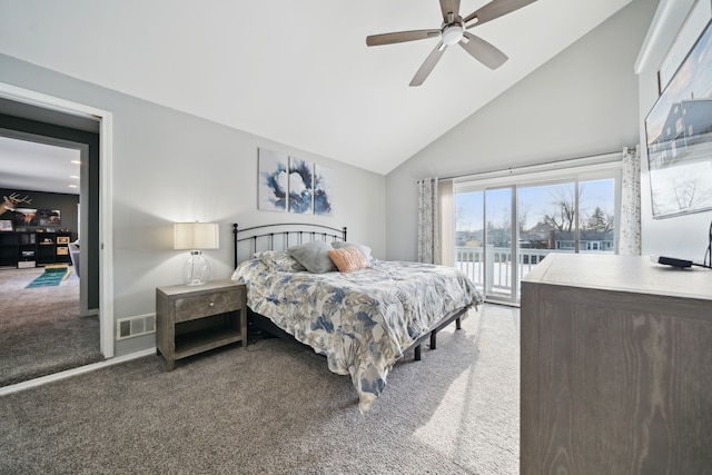 bedroom with access to exterior, visible vents, carpet flooring, high vaulted ceiling, and a ceiling fan