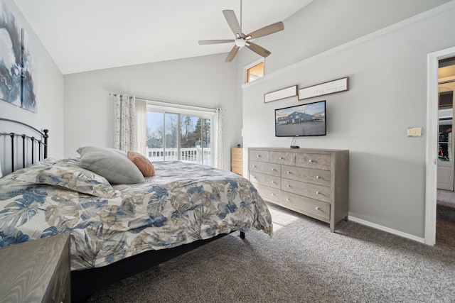 bedroom featuring lofted ceiling, a ceiling fan, baseboards, and carpet floors