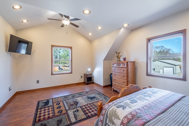 bedroom featuring vaulted ceiling, recessed lighting, baseboards, and wood finished floors