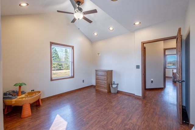 bedroom featuring lofted ceiling, recessed lighting, baseboards, and dark wood-style flooring