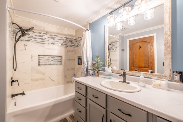 full bath featuring shower / bath combo with shower curtain, vanity, and ornamental molding