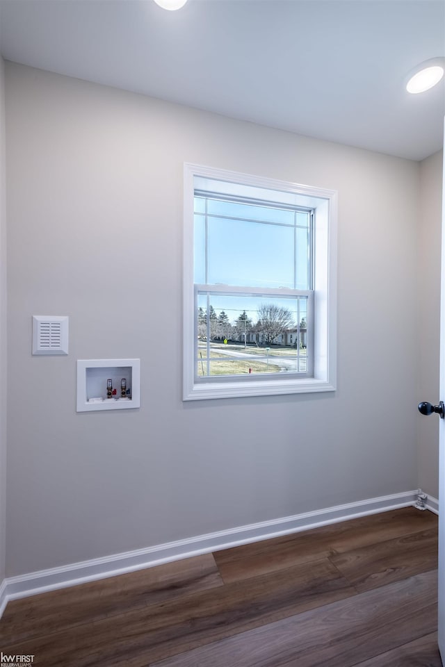 laundry area with visible vents, baseboards, laundry area, hookup for a washing machine, and dark wood-style floors