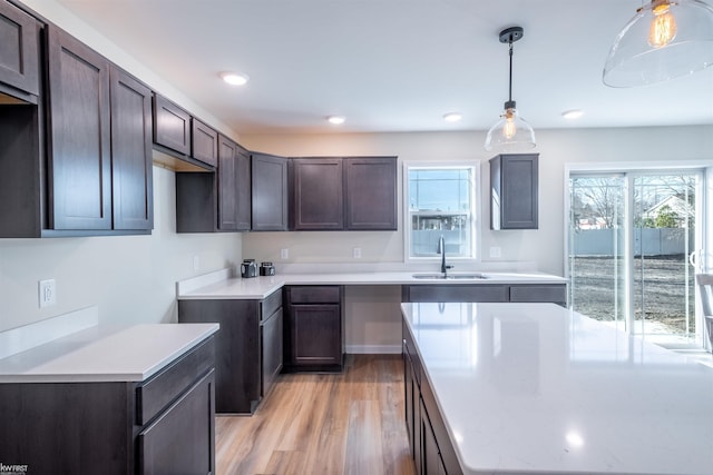 kitchen with light wood-type flooring, a sink, dark brown cabinetry, light countertops, and hanging light fixtures