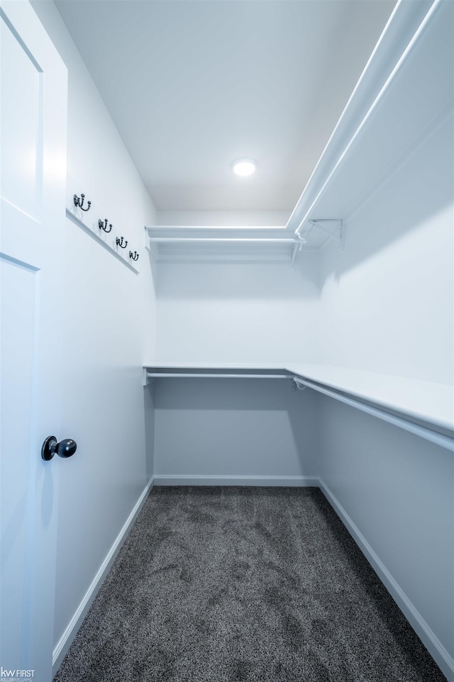 walk in closet featuring dark carpet