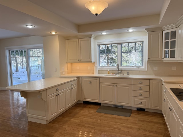 kitchen featuring a peninsula, wood finished floors, light countertops, and a sink