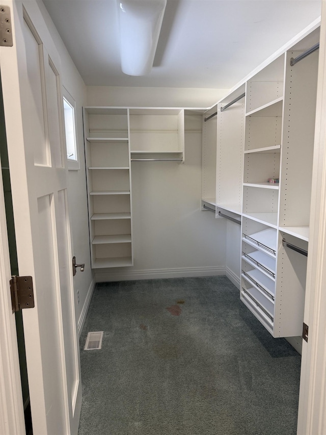 walk in closet featuring visible vents and dark colored carpet