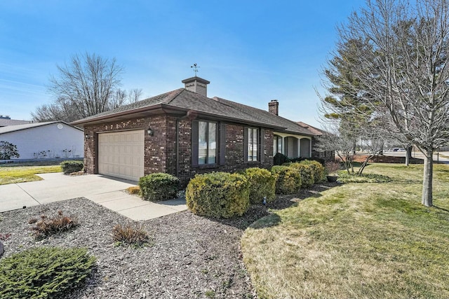 view of side of property with a yard, concrete driveway, an attached garage, brick siding, and a chimney