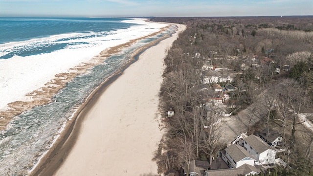 drone / aerial view with a water view and a beach view