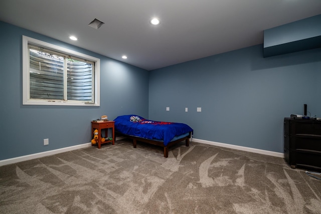 bedroom featuring carpet flooring, recessed lighting, and baseboards