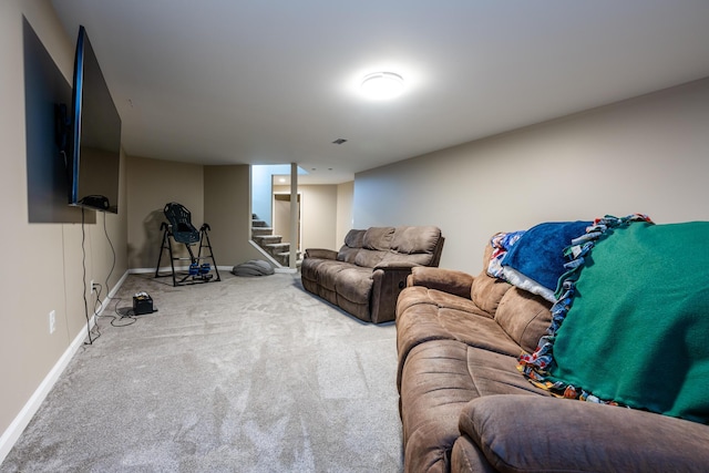 living room featuring stairs, baseboards, and carpet floors