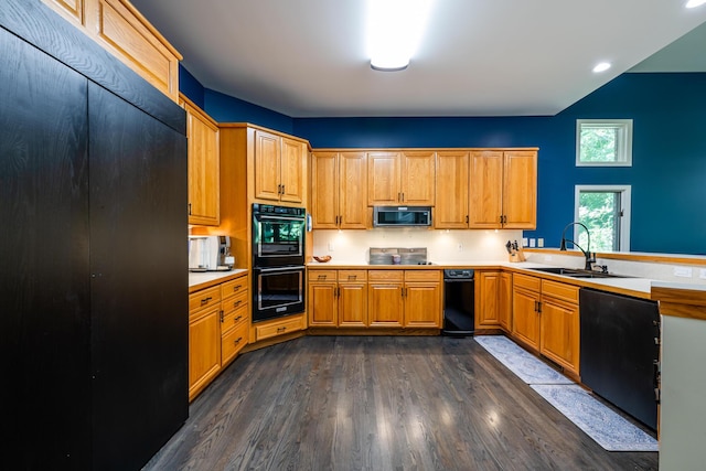 kitchen with dobule oven black, a sink, dark wood-style floors, light countertops, and dishwasher