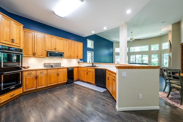 kitchen featuring a sink, a peninsula, black appliances, and dark wood-style flooring