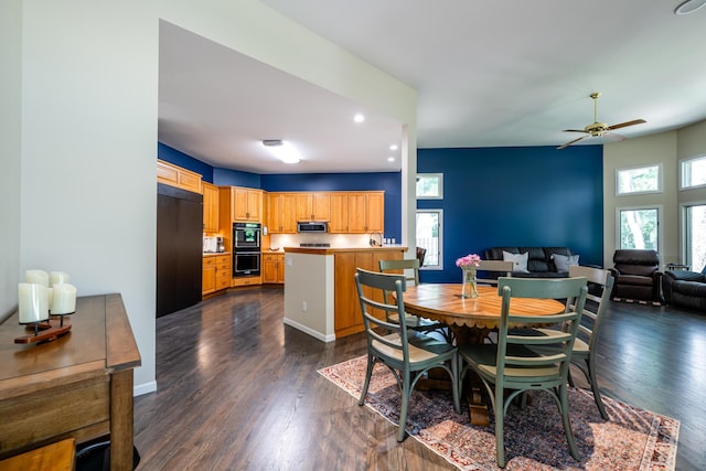 dining room featuring dark wood finished floors, recessed lighting, baseboards, and ceiling fan