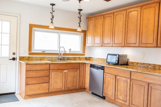 kitchen featuring light stone counters, brown cabinets, and dishwasher