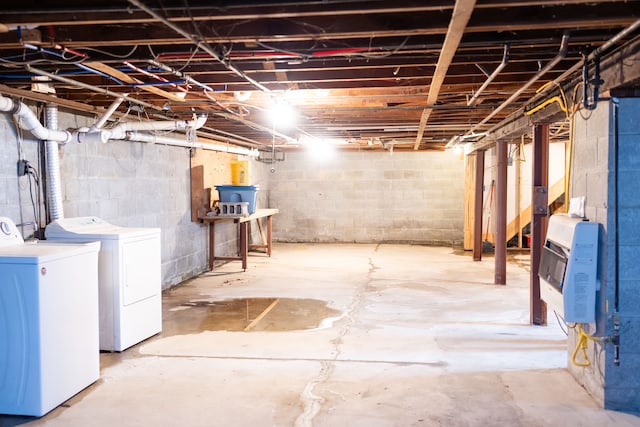 unfinished basement with washing machine and clothes dryer and heating unit