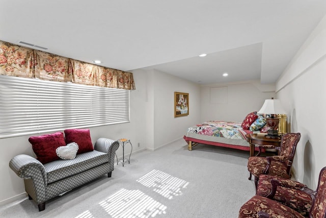 carpeted bedroom featuring visible vents, recessed lighting, and baseboards