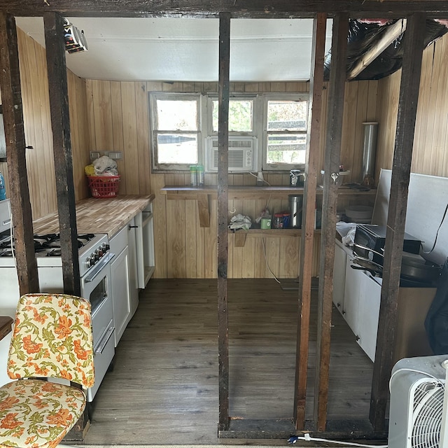 kitchen featuring gas range, wooden walls, wood finished floors, and plenty of natural light