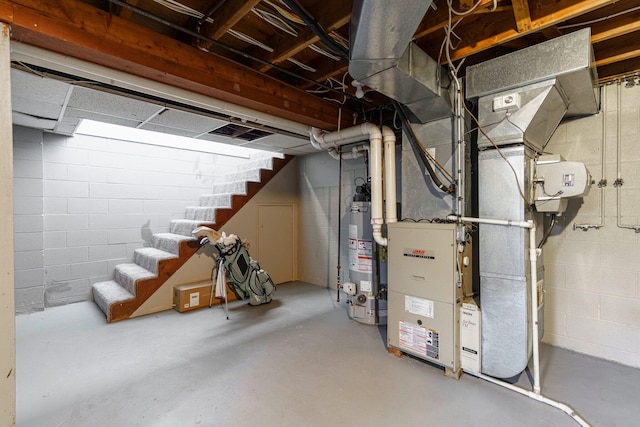 unfinished basement featuring gas water heater, stairway, and heating unit