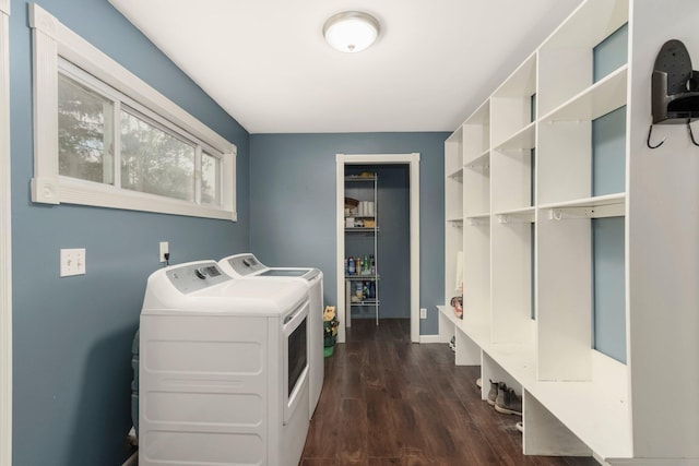 laundry room with laundry area, washing machine and dryer, and dark wood-style flooring