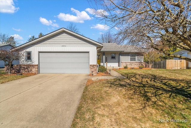 single story home with a front lawn, driveway, fence, a garage, and brick siding