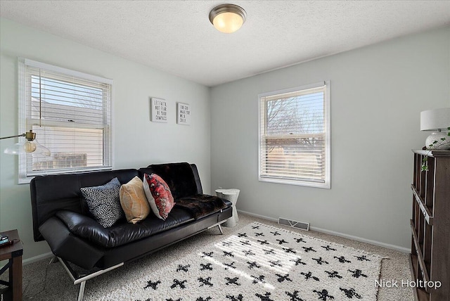 interior space featuring visible vents, baseboards, a textured ceiling, and carpet