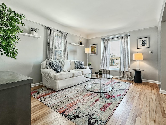 living room with baseboards, plenty of natural light, and hardwood / wood-style floors