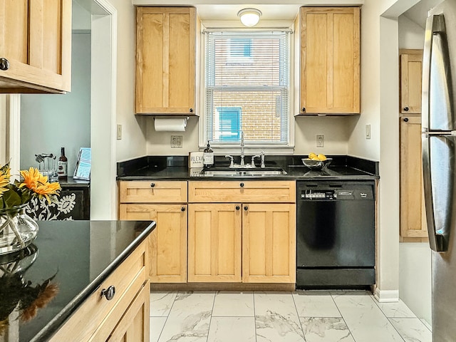 kitchen featuring a sink, dark countertops, marble finish floor, and dishwasher