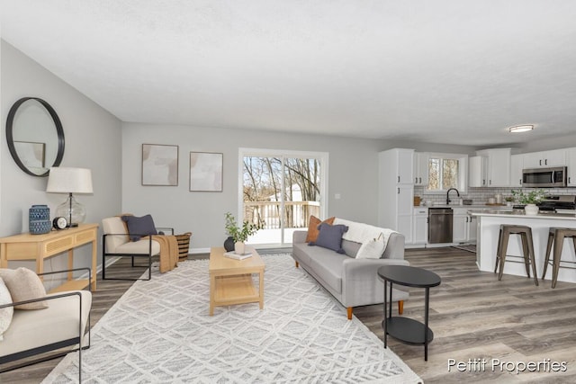 living room featuring baseboards and light wood-type flooring