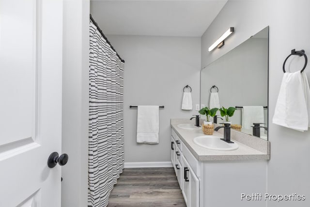 bathroom with double vanity, wood finished floors, baseboards, and a sink