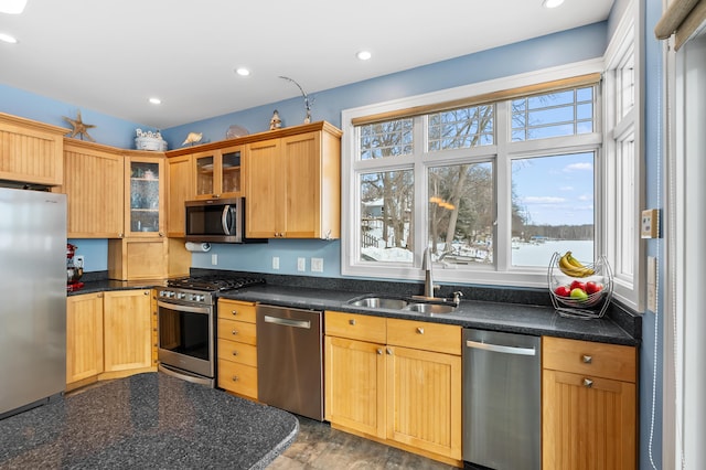 kitchen with a sink, glass insert cabinets, appliances with stainless steel finishes, and recessed lighting