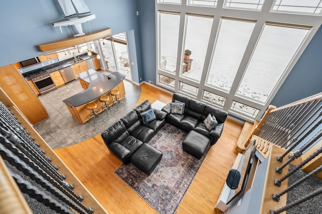 living room featuring light wood-style flooring, baseboards, and a high ceiling