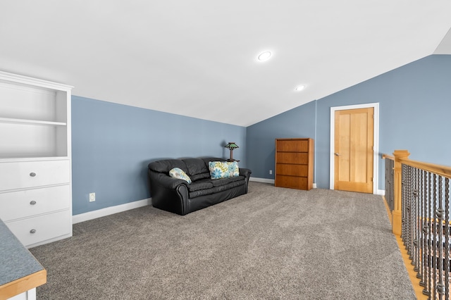 sitting room with recessed lighting, baseboards, carpet, and vaulted ceiling