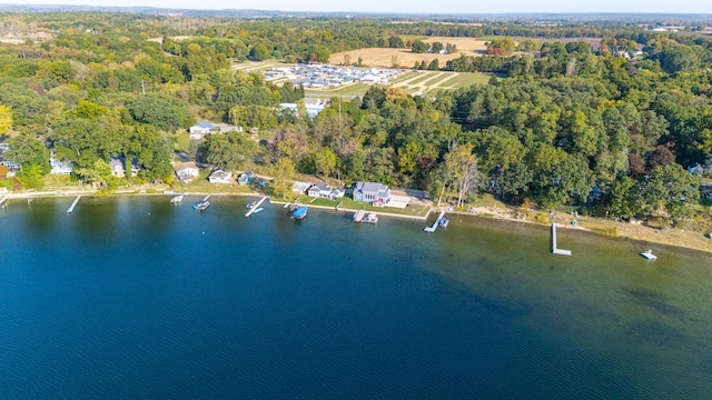 birds eye view of property with a wooded view and a water view